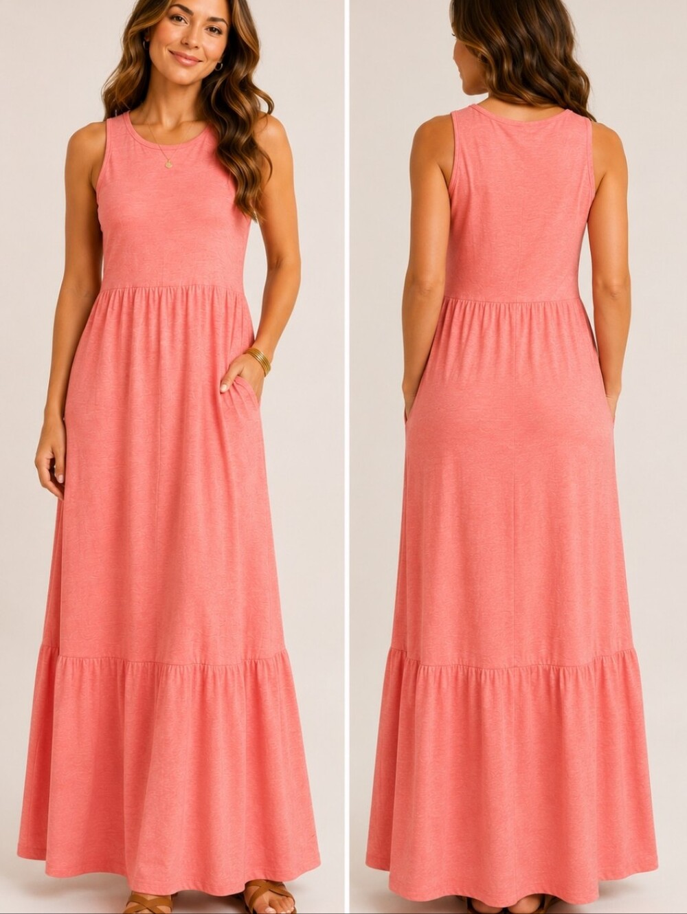 Anrabess Coral Pink Maxi Dress Tiered Pocket Sleeveless Boho Beach Medium